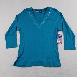Phool Women Aqua Blue Ribbed 100% Cotton Sequin V-Neck 3/4 Sleeve Top XL NEW